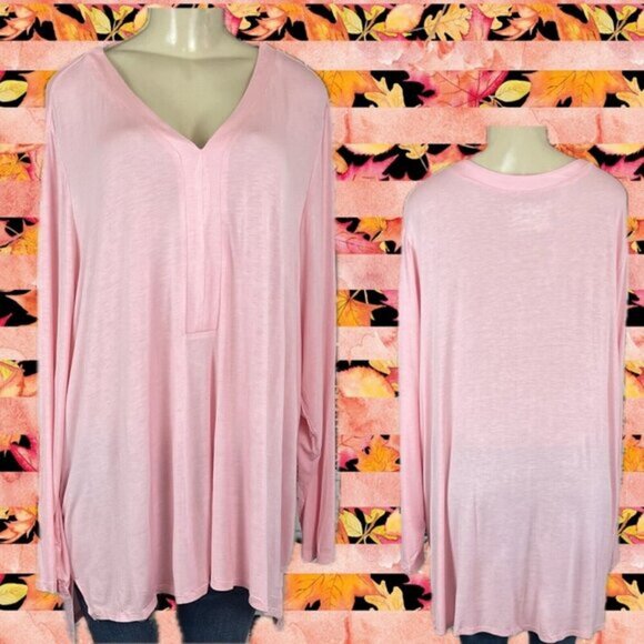Jessica London +26/28 Pink Semi-Sheer V-Neck Long Sleeve Step-Hem Popover Top - Picture 1 of 6
